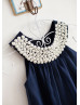 Navy Blue Chiffon Pearls Embellished Slit Back Short Flower Girl Dress